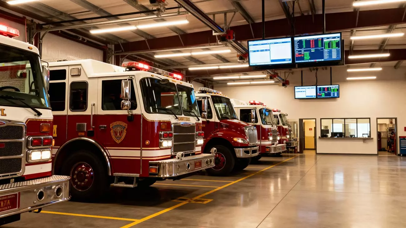 Fire trucks lined up in a station with monitors displaying information.