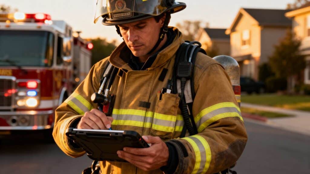 Firefighter in uniform using a tablet with a fire truck behind.