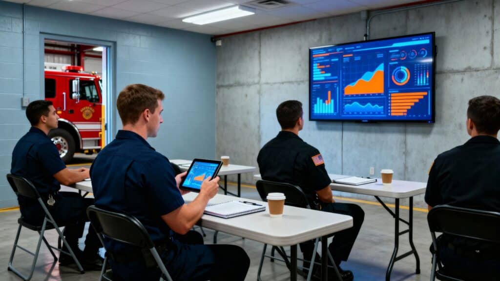 Firefighters in a training session with a large screen displaying data.