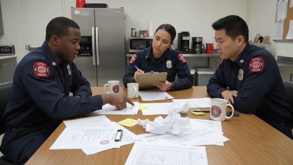 Three firefighters in uniform are gathered around a table discussing documents.
