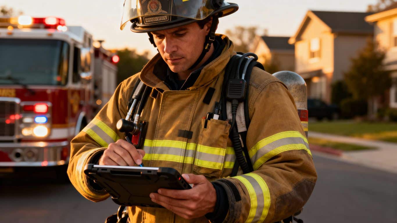 Firefighter in uniform using a tablet with a fire truck behind.