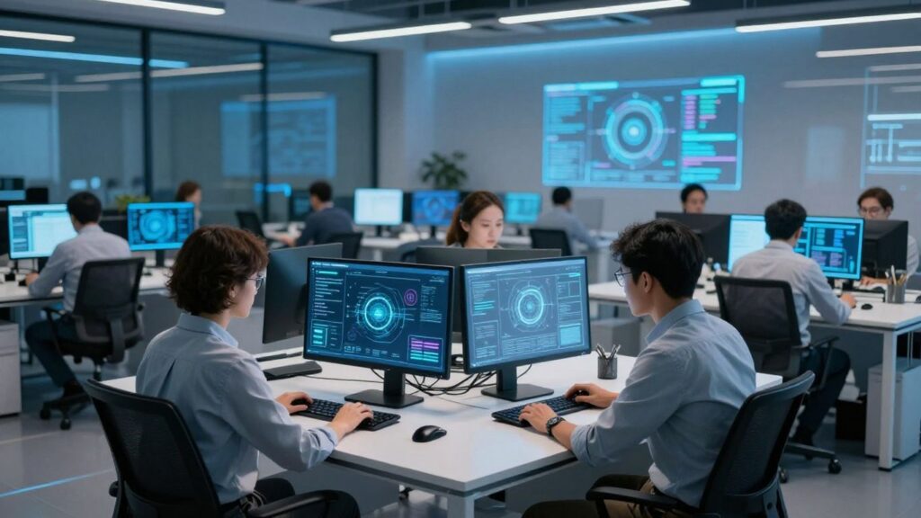 People working on computers with futuristic digital interface