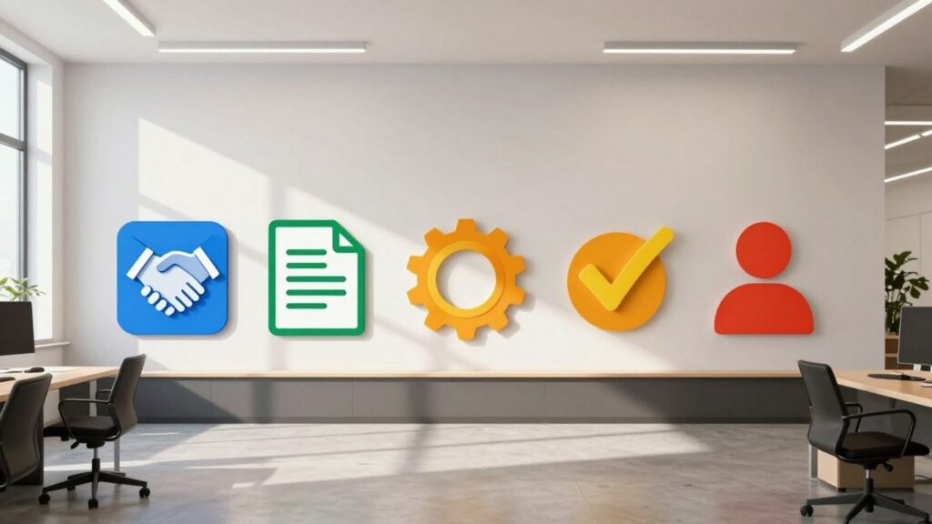 Five icons showing easy onboarding steps.