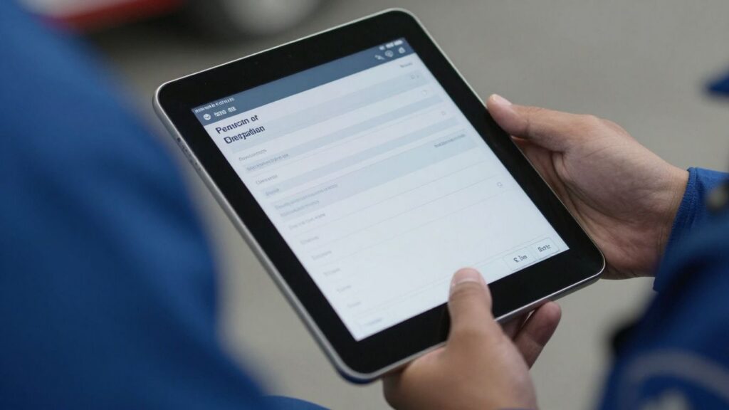 Paramedic using a tablet for ePCR.