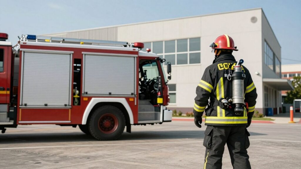 Firefighter and fire truck near a building.