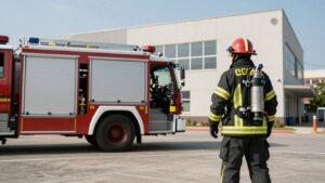 Firefighter and fire truck near a building.