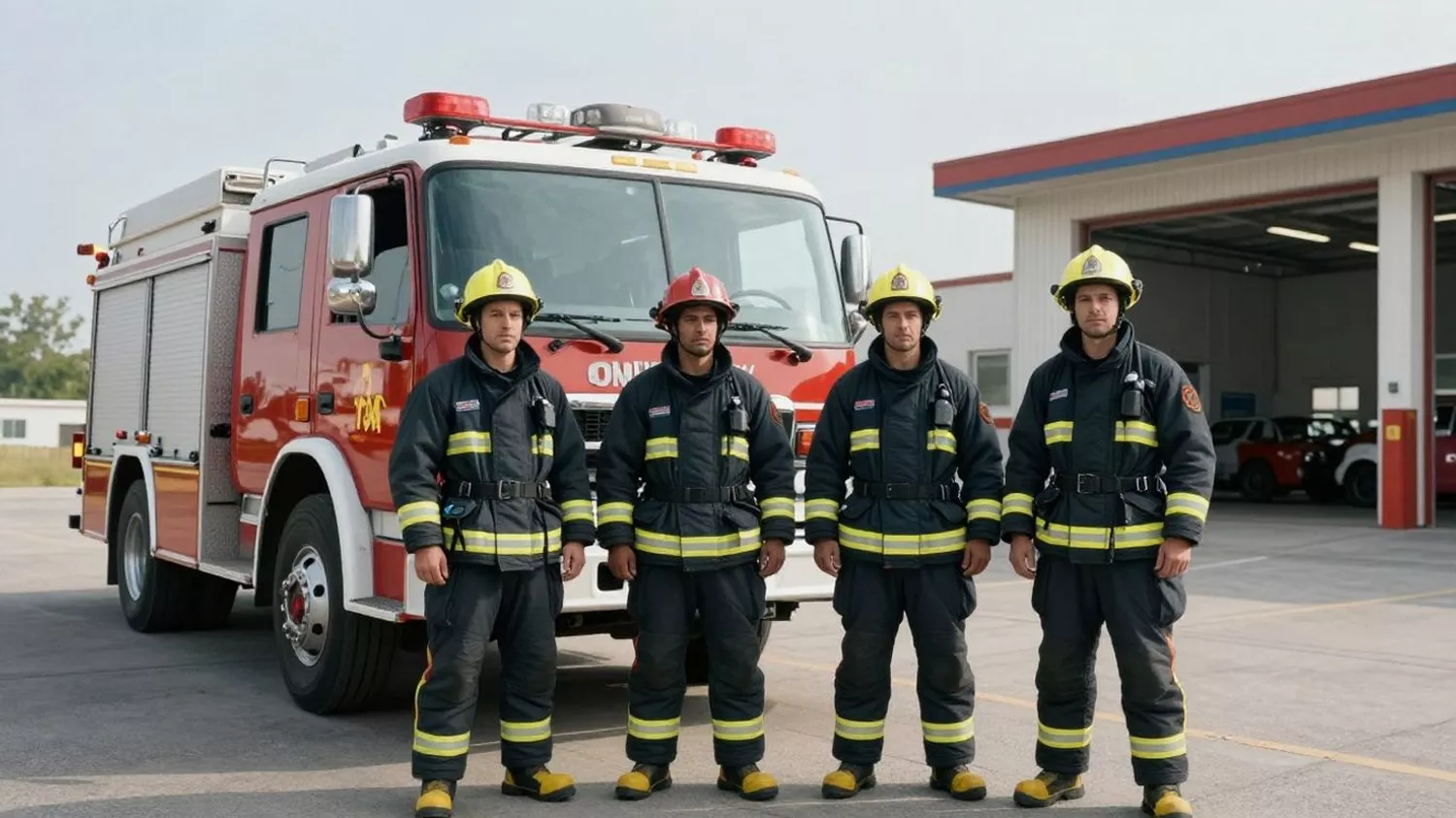 Firefighters and fire truck outside station.
