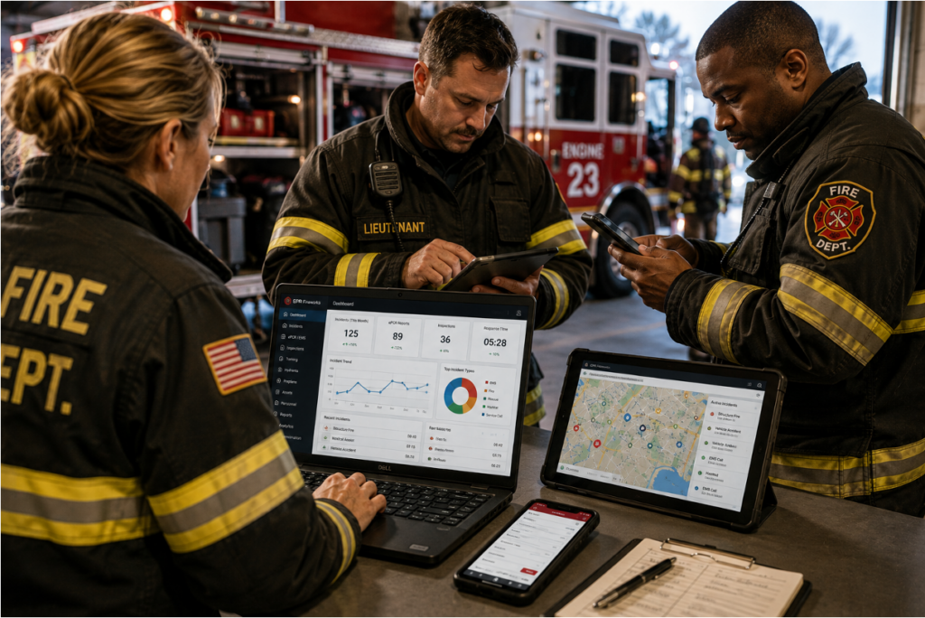 Fire department software dashboard displaying incident reporting, analytics, and operational data.