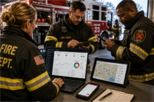 Fire department software dashboard displaying incident reporting, analytics, and operational data.