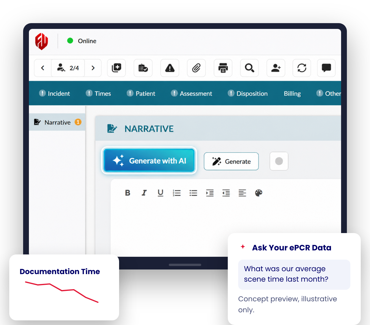 Fireworks ePCR narrative screen with Generate with AI